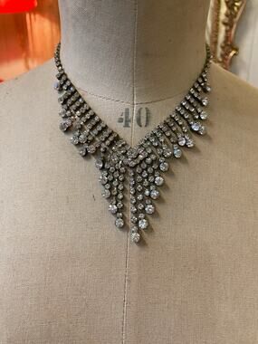 vintage 1990s rhinestone bib necklace, 1950s style jewelry, wedding bridal, prom